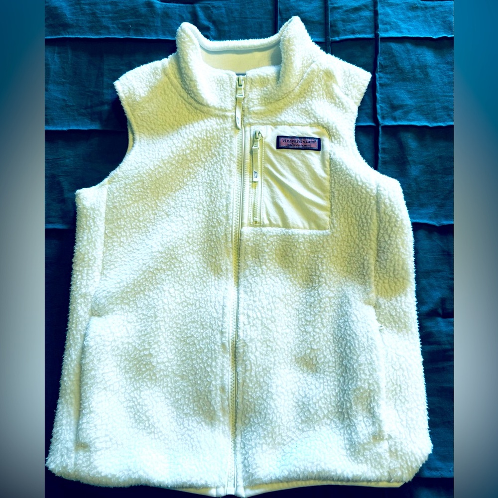 Vineyard Vines Girls White Fleece Vest, Full Zip With Pockets, Size S